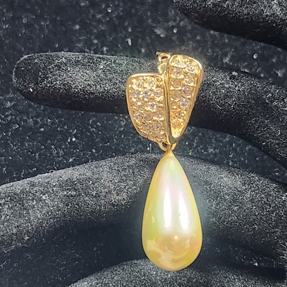Vintage Roman Gold Tone Faux Pearl Teardrop Crystal Pavé Drop Pendant